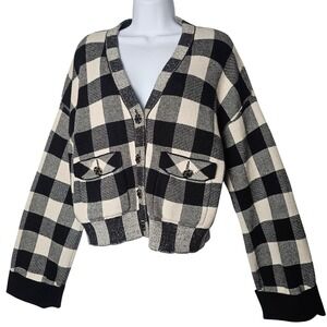 Industry Womens Buffalo‎ Plaid Cardigan Black Cream Wool Blend V-Neck Large